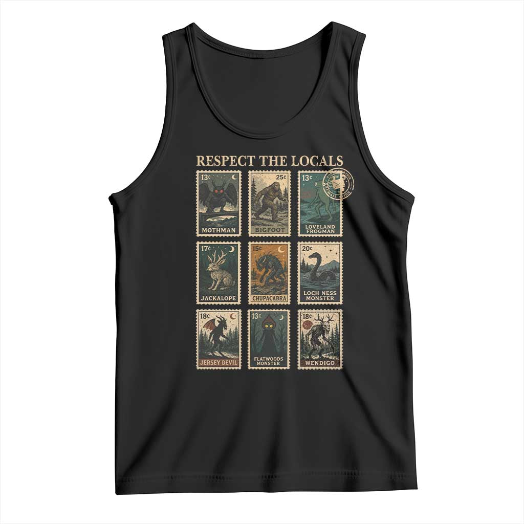 Respect The Locals Cryptids Monster Stamps Tank Top Cryptozoology Paranormal Bigfoot Mothman TS11 Black Print Your Wear