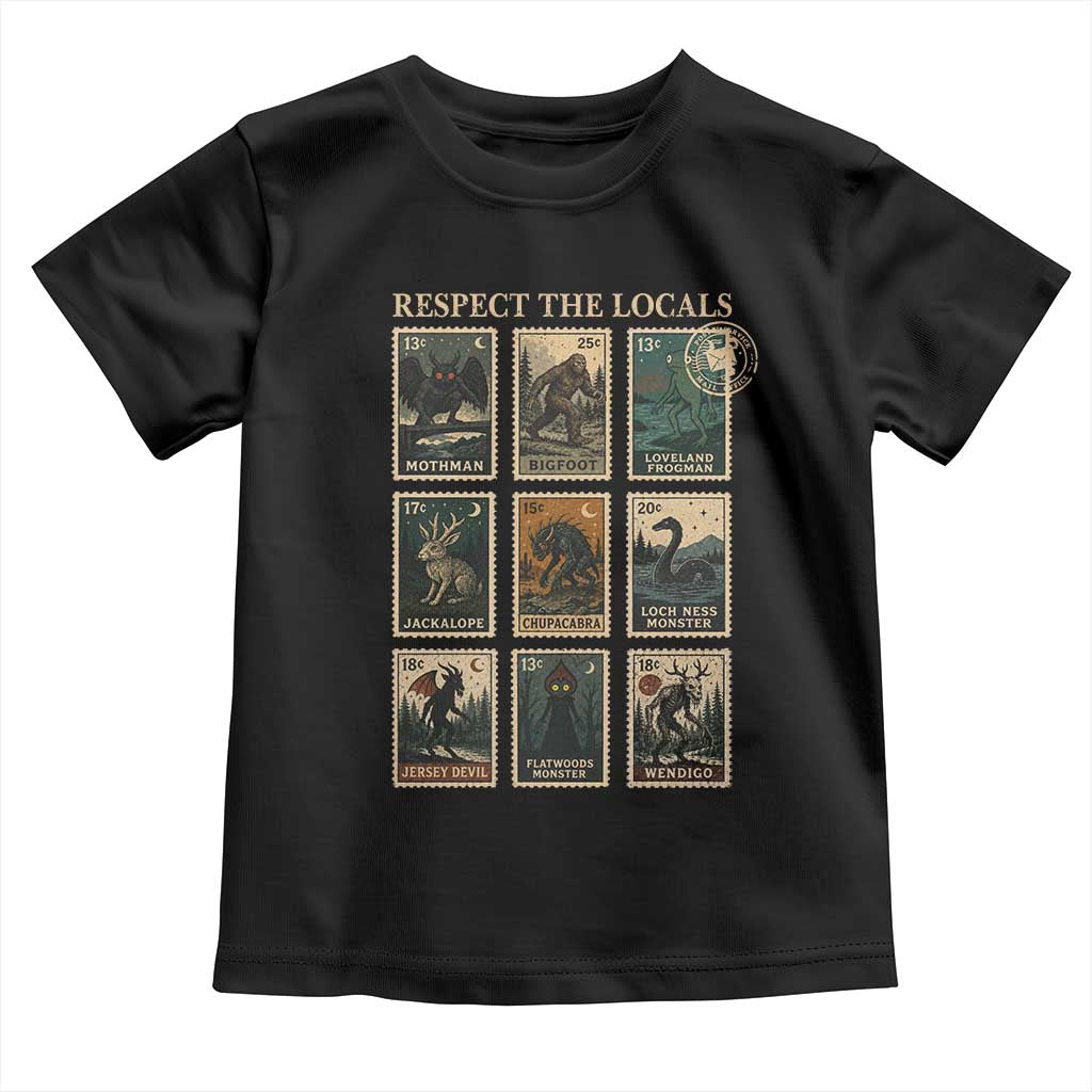 Respect The Locals Cryptids Monster Stamps Toddler T Shirt Cryptozoology Paranormal Bigfoot Mothman TS11 Black Print Your Wear