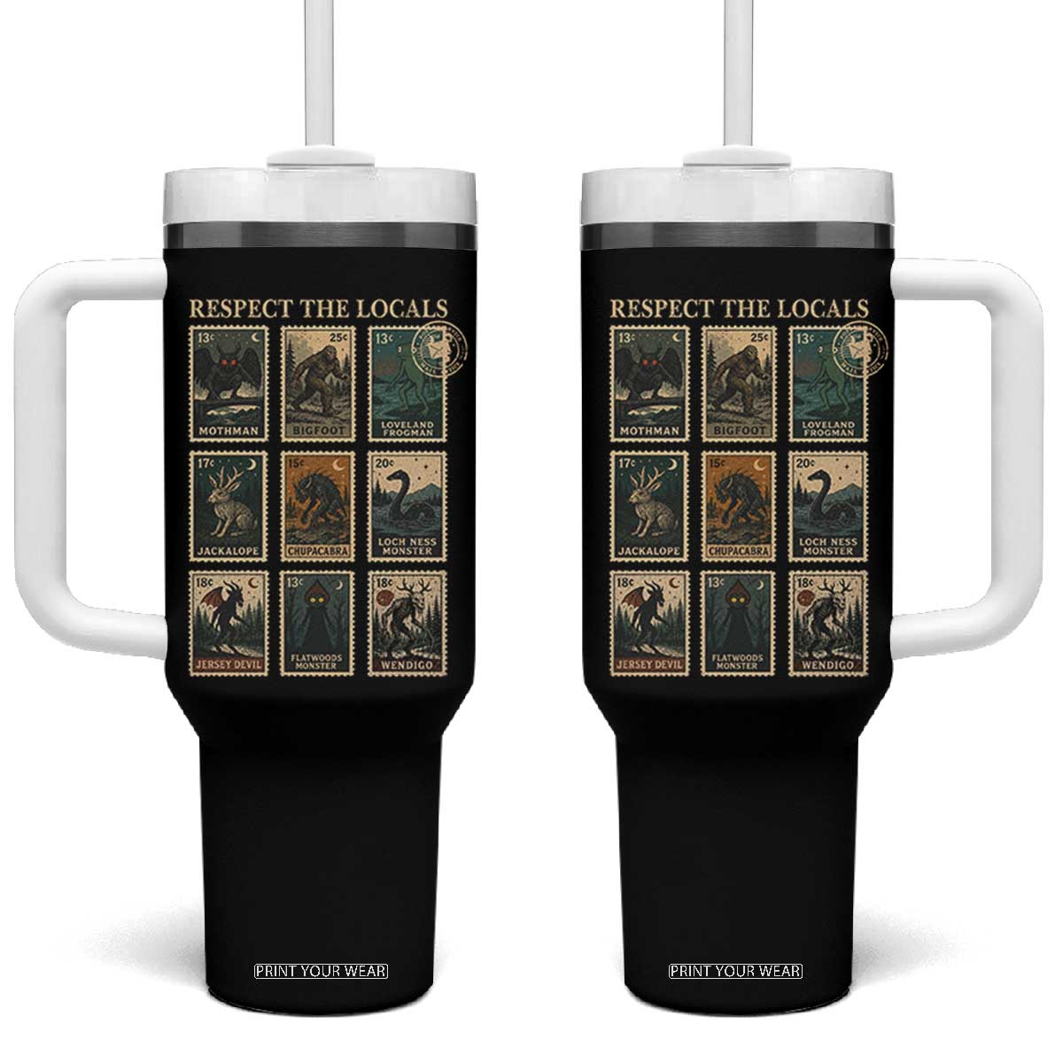 Respect The Locals Cryptids Monster Stamps Tumbler With Handle Cryptozoology Paranormal Bigfoot Mothman TS11 One Size: 40 oz Black Print Your Wear