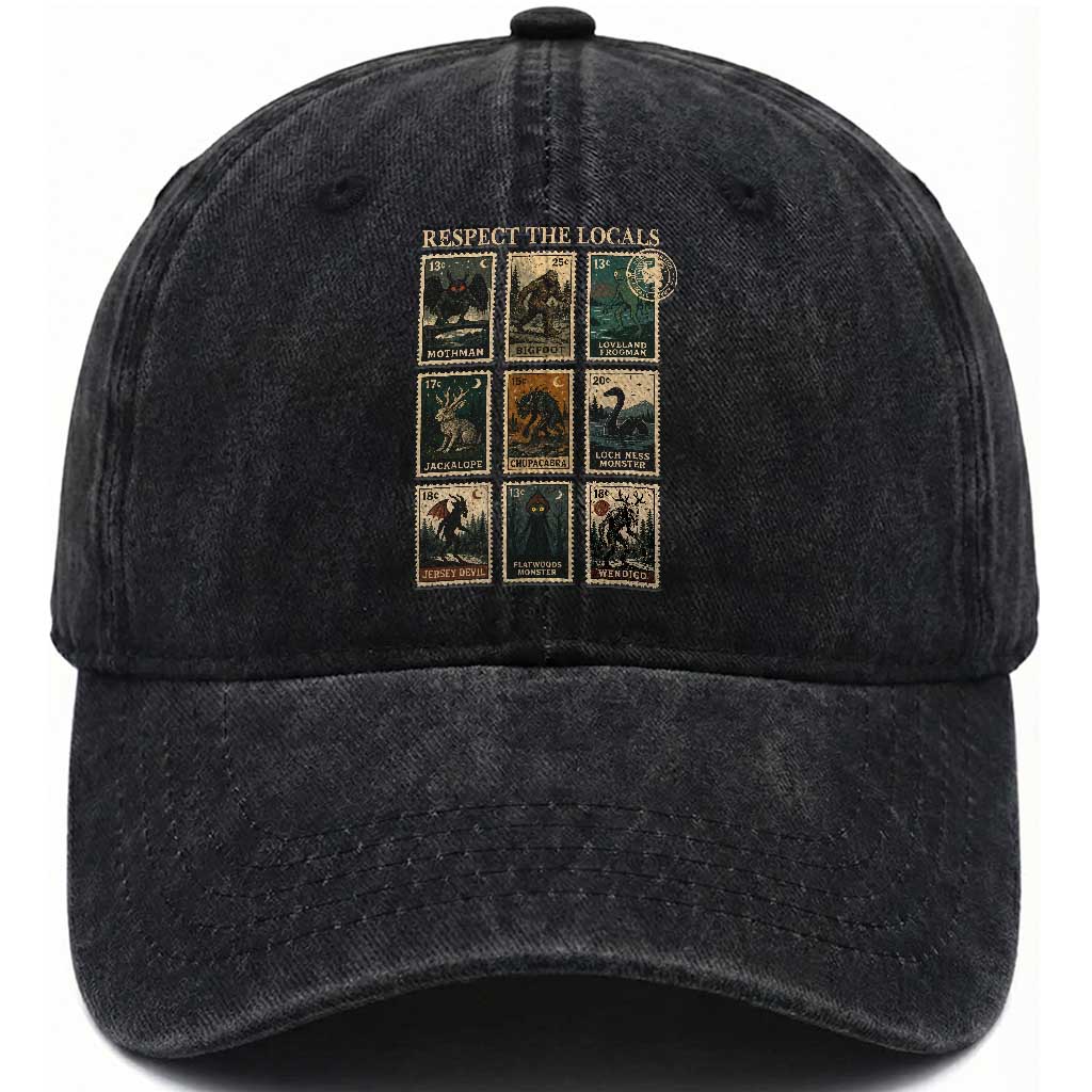 Respect The Locals Cryptids Monster Stamps Washed Cotton Baseball Cap Cryptozoology Paranormal Bigfoot Mothman TS11 Print Your Wear