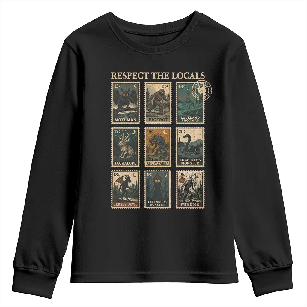 Respect The Locals Cryptids Monster Stamps Youth Sweatshirt Cryptozoology Paranormal Bigfoot Mothman TS11 Black Print Your Wear