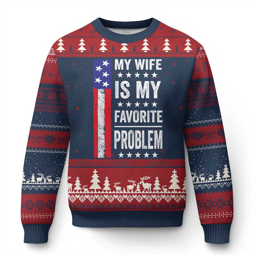 My Wife Is My Favorite Problem Ugly Christmas Sweater Wife Husband Marriage Humor American Flag Rock Hand TS11 Navy Red Print Your Wear