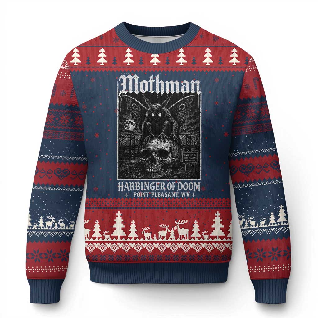 Mothman Harbinger of Doom Point Pleasant WV Ugly Christmas Sweater Gothic Horror Cryptid Creature TS11 Navy Red Print Your Wear
