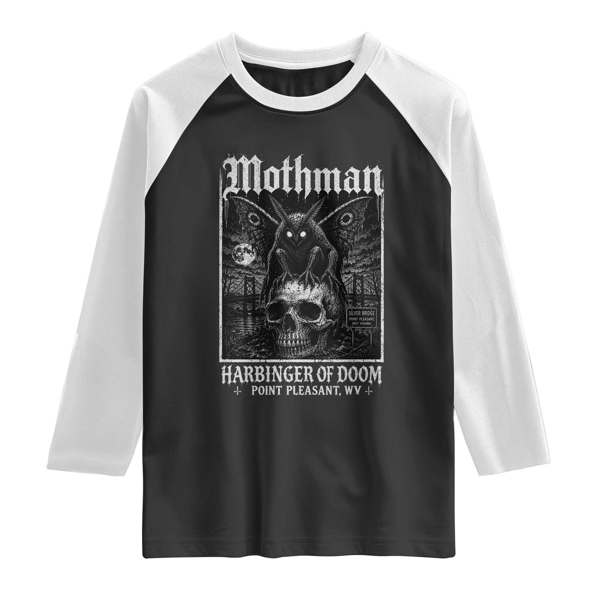Mothman Harbinger of Doom Point Pleasant WV Raglan Shirt Gothic Horror Cryptid Creature TS11 Black White Print Your Wear