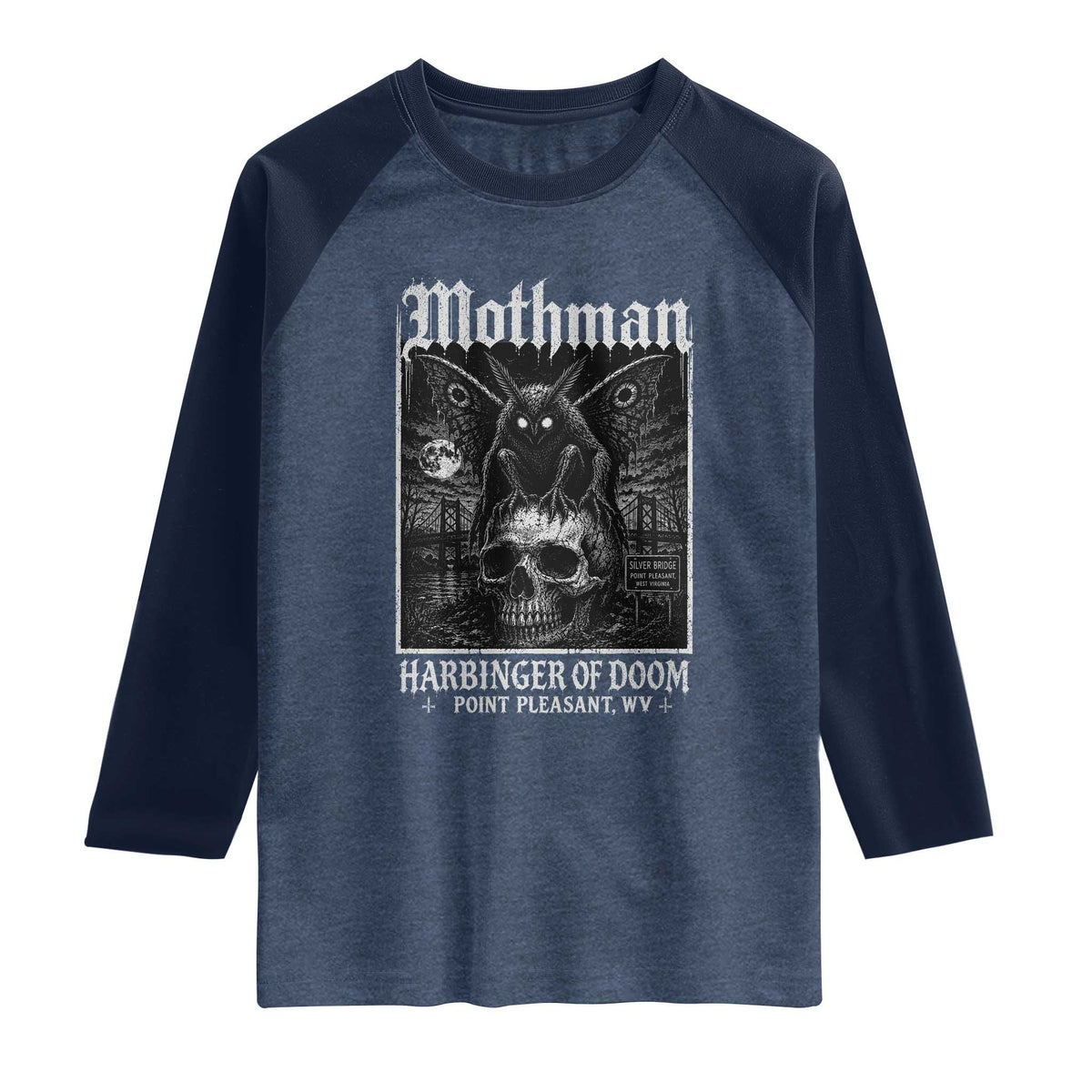 Mothman Harbinger of Doom Point Pleasant WV Raglan Shirt Gothic Horror Cryptid Creature TS11 Heather Denim Navy Print Your Wear