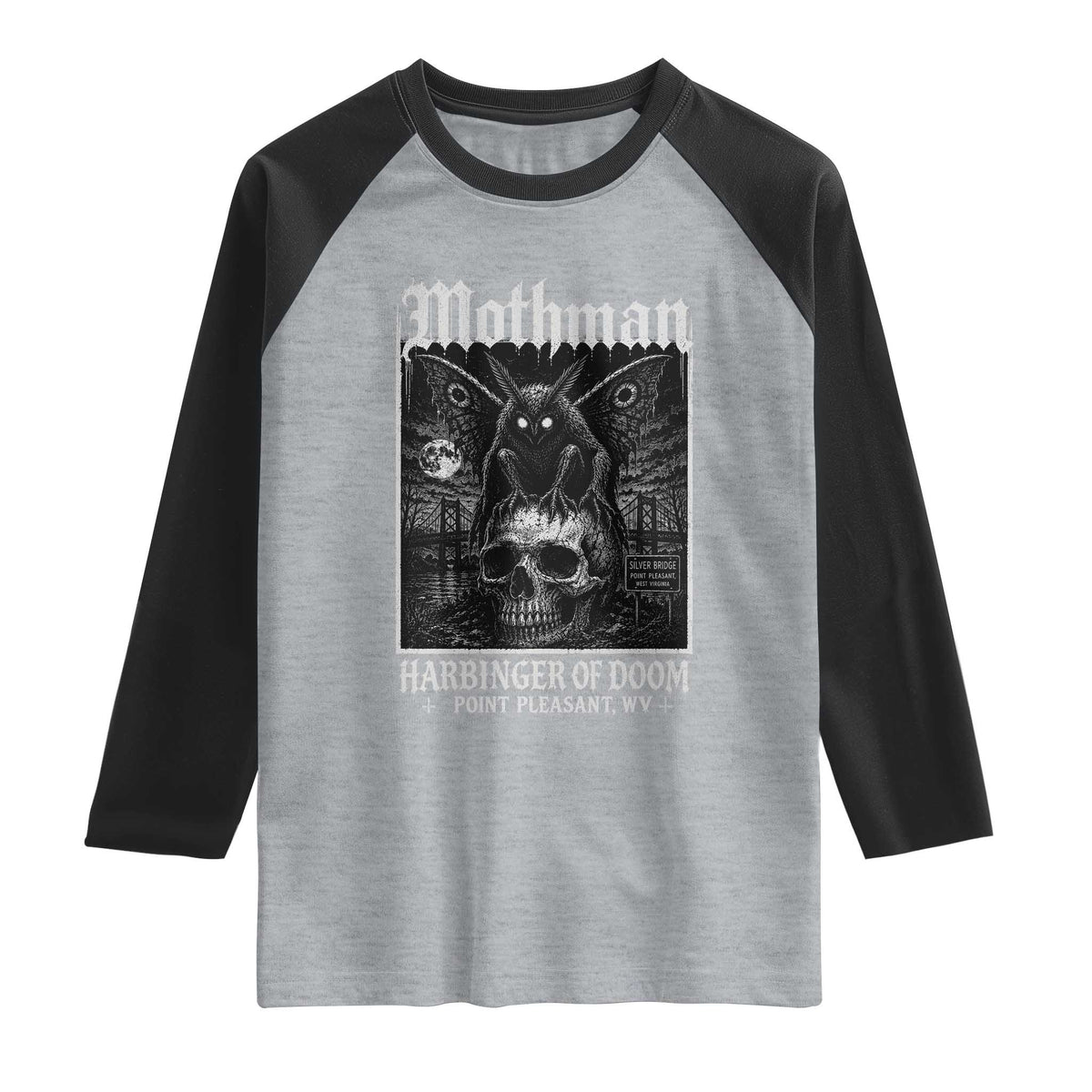 Mothman Harbinger of Doom Point Pleasant WV Raglan Shirt Gothic Horror Cryptid Creature TS11 Heather Gray Black Print Your Wear
