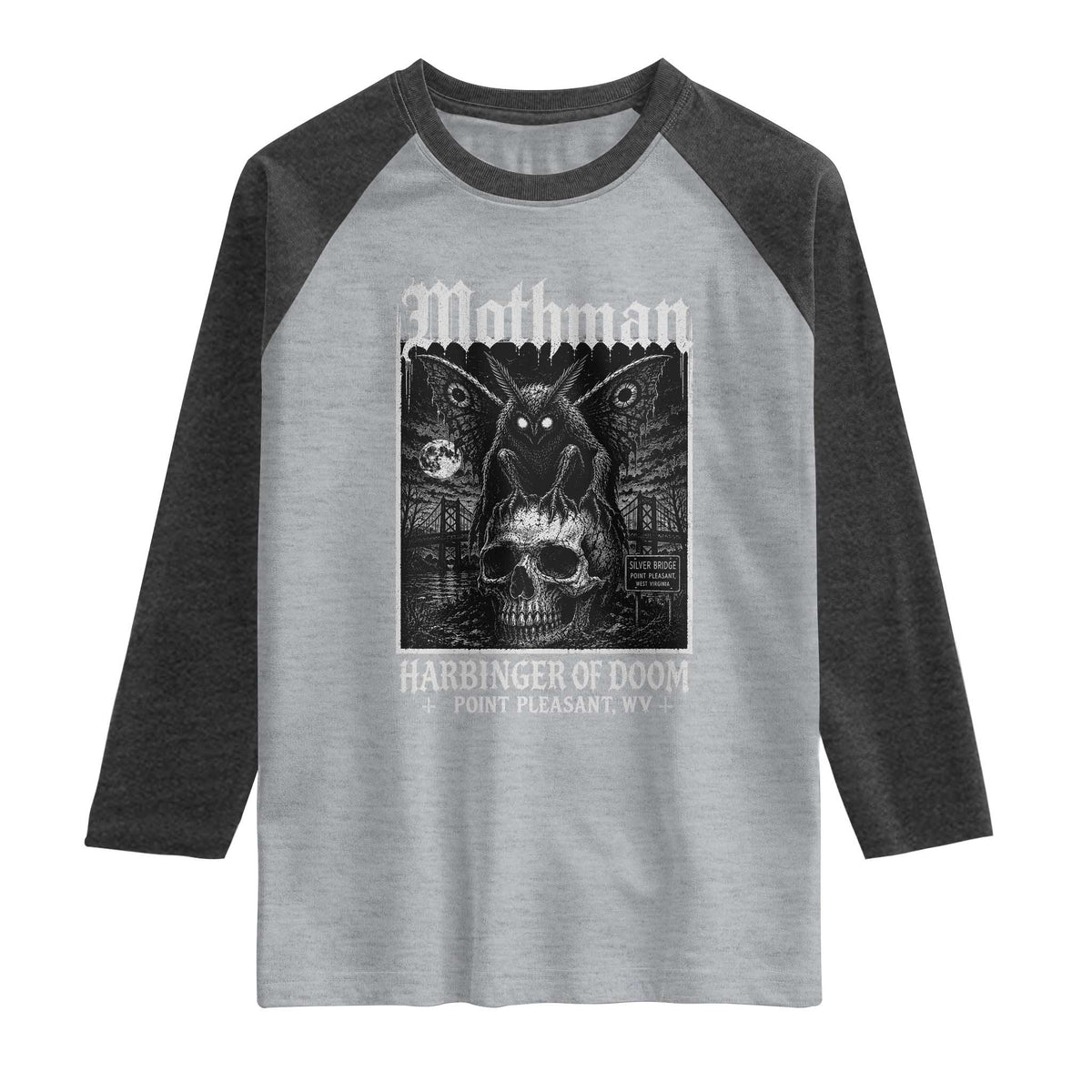 Mothman Harbinger of Doom Point Pleasant WV Raglan Shirt Gothic Horror Cryptid Creature TS11 Heather Gray Heather Charcoal Print Your Wear