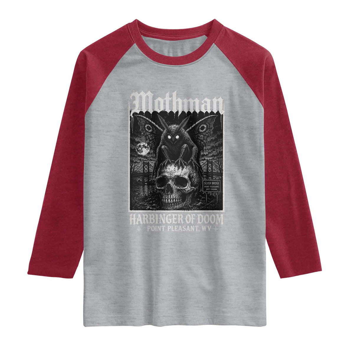 Mothman Harbinger of Doom Point Pleasant WV Raglan Shirt Gothic Horror Cryptid Creature TS11 Heather Gray Heather Red Print Your Wear