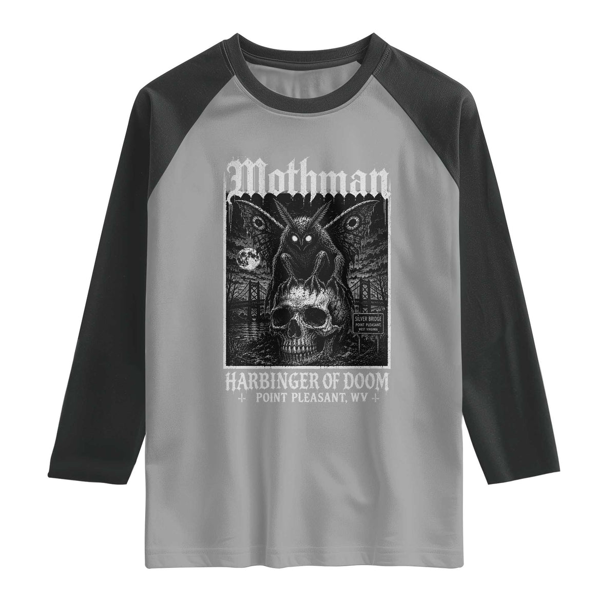Mothman Harbinger of Doom Point Pleasant WV Raglan Shirt Gothic Horror Cryptid Creature TS11 Sport Gray Black Print Your Wear