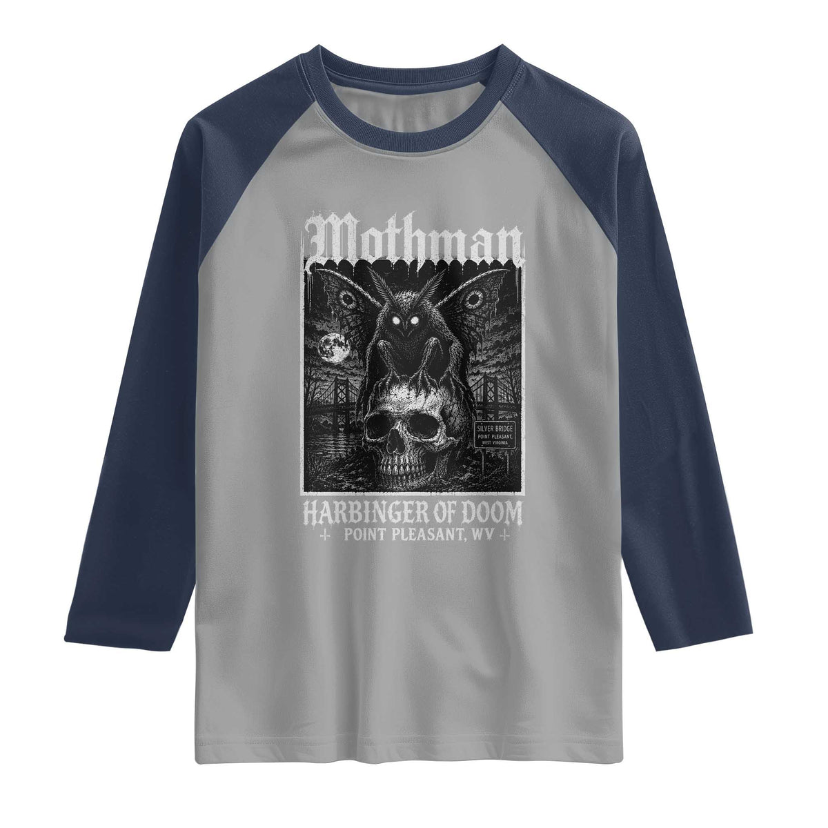 Mothman Harbinger of Doom Point Pleasant WV Raglan Shirt Gothic Horror Cryptid Creature TS11 Sport Gray Navy Print Your Wear