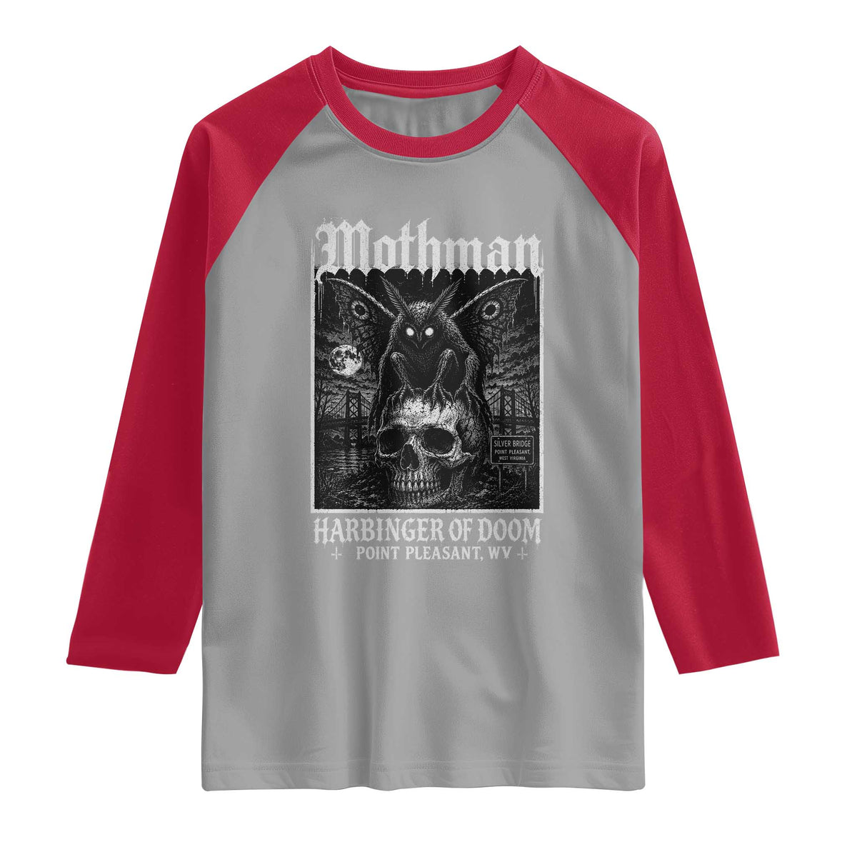 Mothman Harbinger of Doom Point Pleasant WV Raglan Shirt Gothic Horror Cryptid Creature TS11 Sport Gray Red Print Your Wear