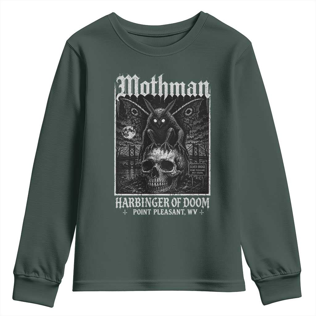 Mothman Harbinger of Doom Point Pleasant WV Youth Sweatshirt Gothic Horror Cryptid Creature TS11 Dark Forest Green Print Your Wear