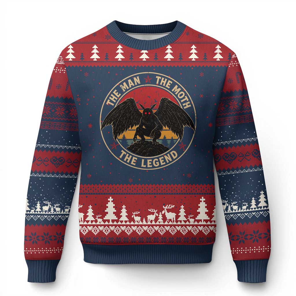 Funny Mothman The Man The Moth The Legend Ugly Christmas Sweater Retro Folklore Creepy Cryptid TS11 Navy Red Print Your Wear
