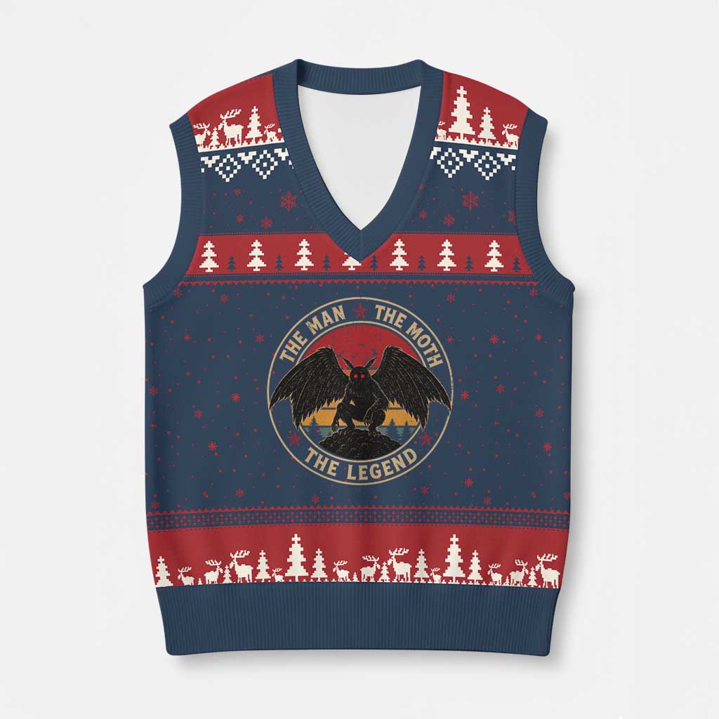 Funny Mothman The Man The Moth The Legend V-Neck Knit Sweater Vest Retro Folklore Creepy Cryptid TS11 Navy Red Print Your Wear