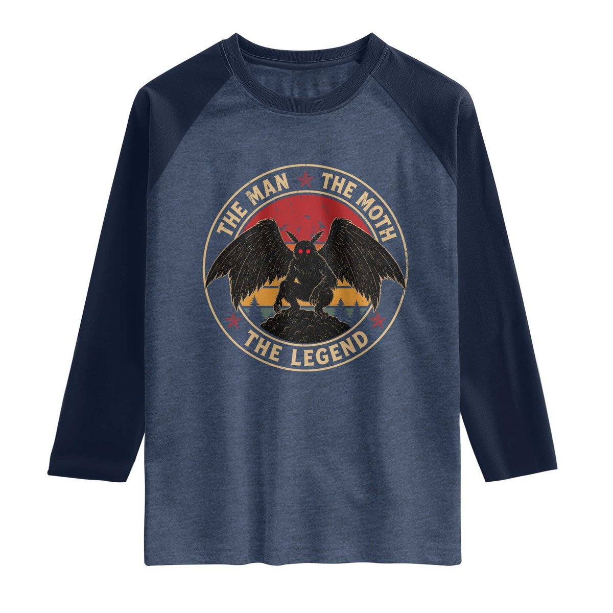 Funny Mothman The Man The Moth The Legend Raglan Shirt Retro Folklore Creepy Cryptid TS11 Heather Denim Navy Print Your Wear