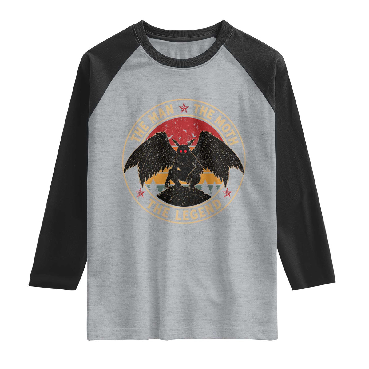 Funny Mothman The Man The Moth The Legend Raglan Shirt Retro Folklore Creepy Cryptid TS11 Heather Gray Black Print Your Wear