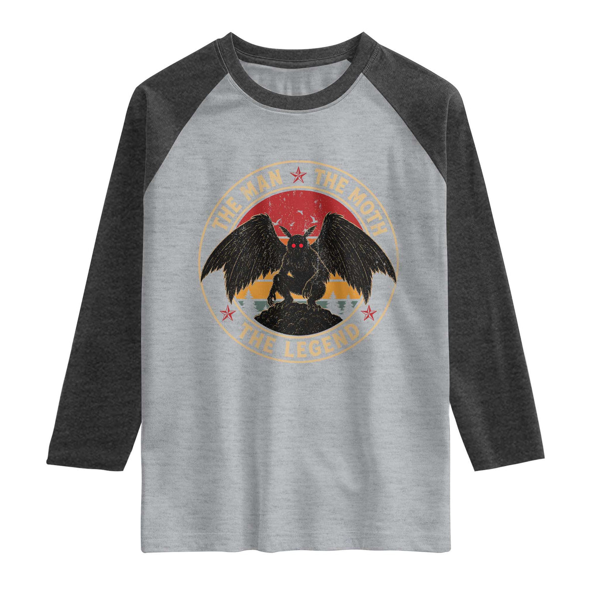 Funny Mothman The Man The Moth The Legend Raglan Shirt Retro Folklore Creepy Cryptid TS11 Heather Gray Heather Charcoal Print Your Wear