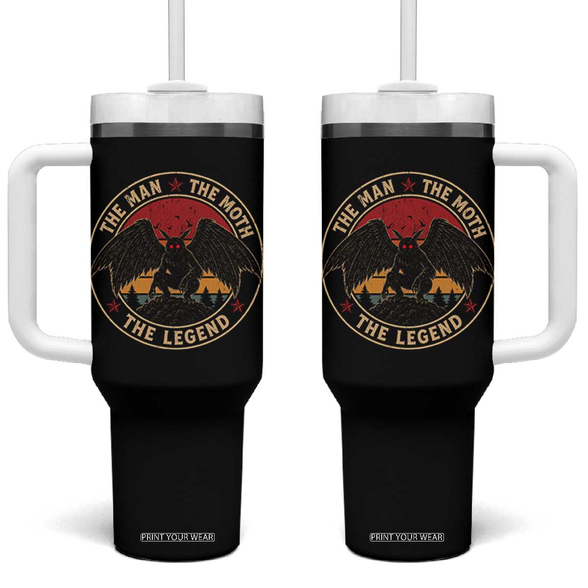 Funny Mothman The Man The Moth The Legend Tumbler With Handle Retro Folklore Creepy Cryptid TS11 One Size: 40 oz Black Print Your Wear