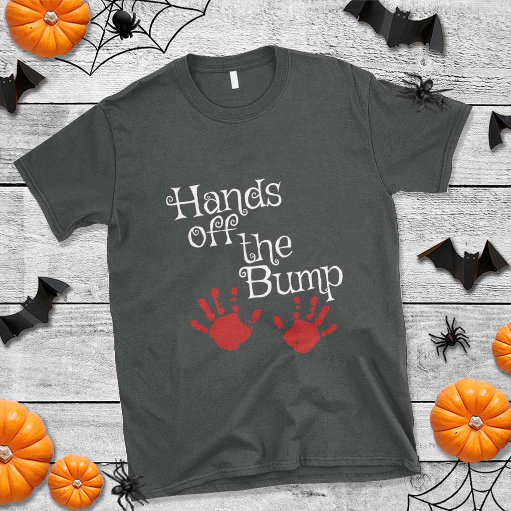 Pregnancy Announcement T Shirt Hands Off The Bump Halloween Pregnant Red Baby Handprint TS11 Dark Heather Print Your Wear