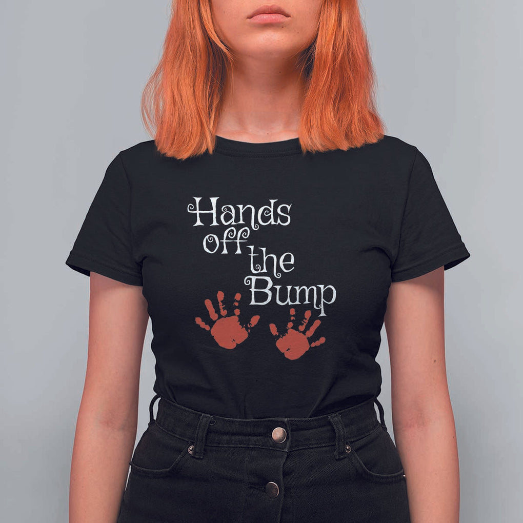 Pregnancy Announcement T Shirt For Women Hands Off The Bump Halloween Pregnant Red Baby Handprint TS11 Black Print Your Wear