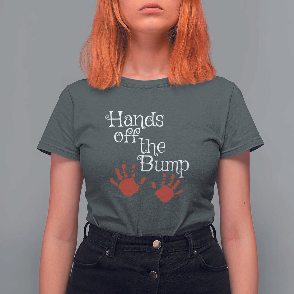 Pregnancy Announcement T Shirt For Women Hands Off The Bump Halloween Pregnant Red Baby Handprint TS11 Dark Heather Print Your Wear