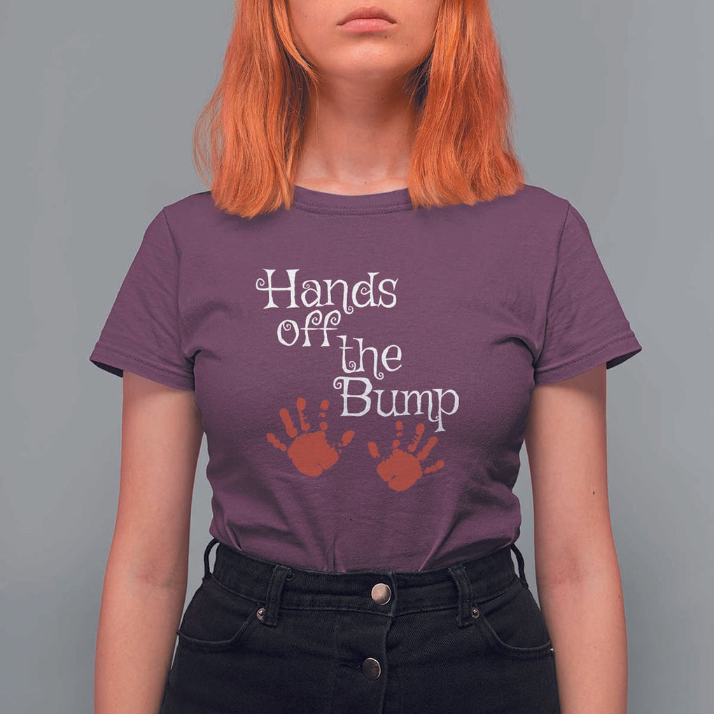 Pregnancy Announcement T Shirt For Women Hands Off The Bump Halloween Pregnant Red Baby Handprint TS11 Maroon Print Your Wear