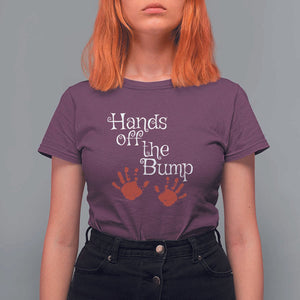 Pregnancy Announcement T Shirt For Women Hands Off The Bump Halloween Pregnant Red Baby Handprint TS11 Maroon Print Your Wear