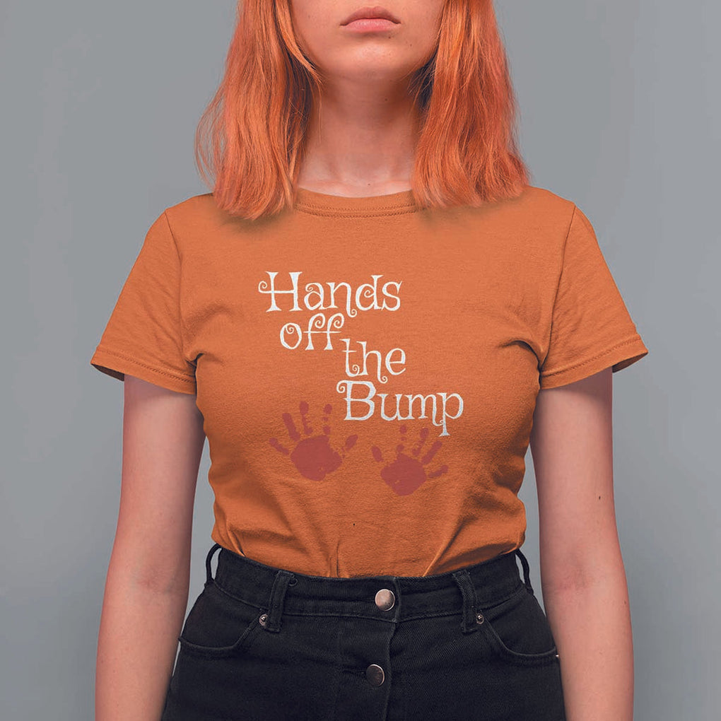 Pregnancy Announcement T Shirt For Women Hands Off The Bump Halloween Pregnant Red Baby Handprint TS11 Orange Print Your Wear