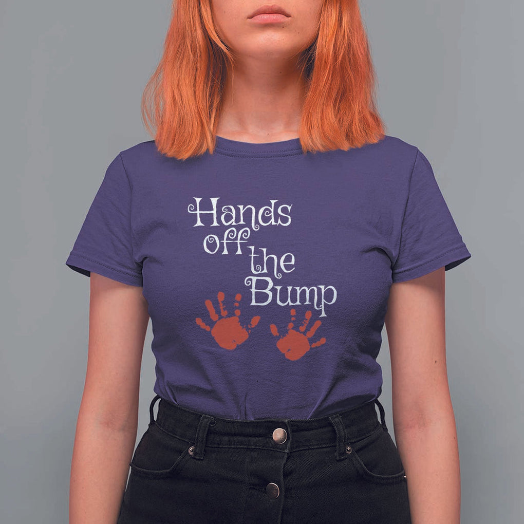 Pregnancy Announcement T Shirt For Women Hands Off The Bump Halloween Pregnant Red Baby Handprint TS11 Purple Print Your Wear