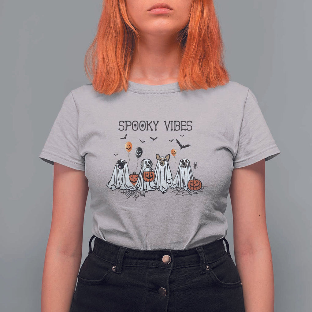 Halloween T Shirt For Women Spooky Vibes Cute Dog Ghost Pumpkin TS11 Ice Gray Print Your Wear