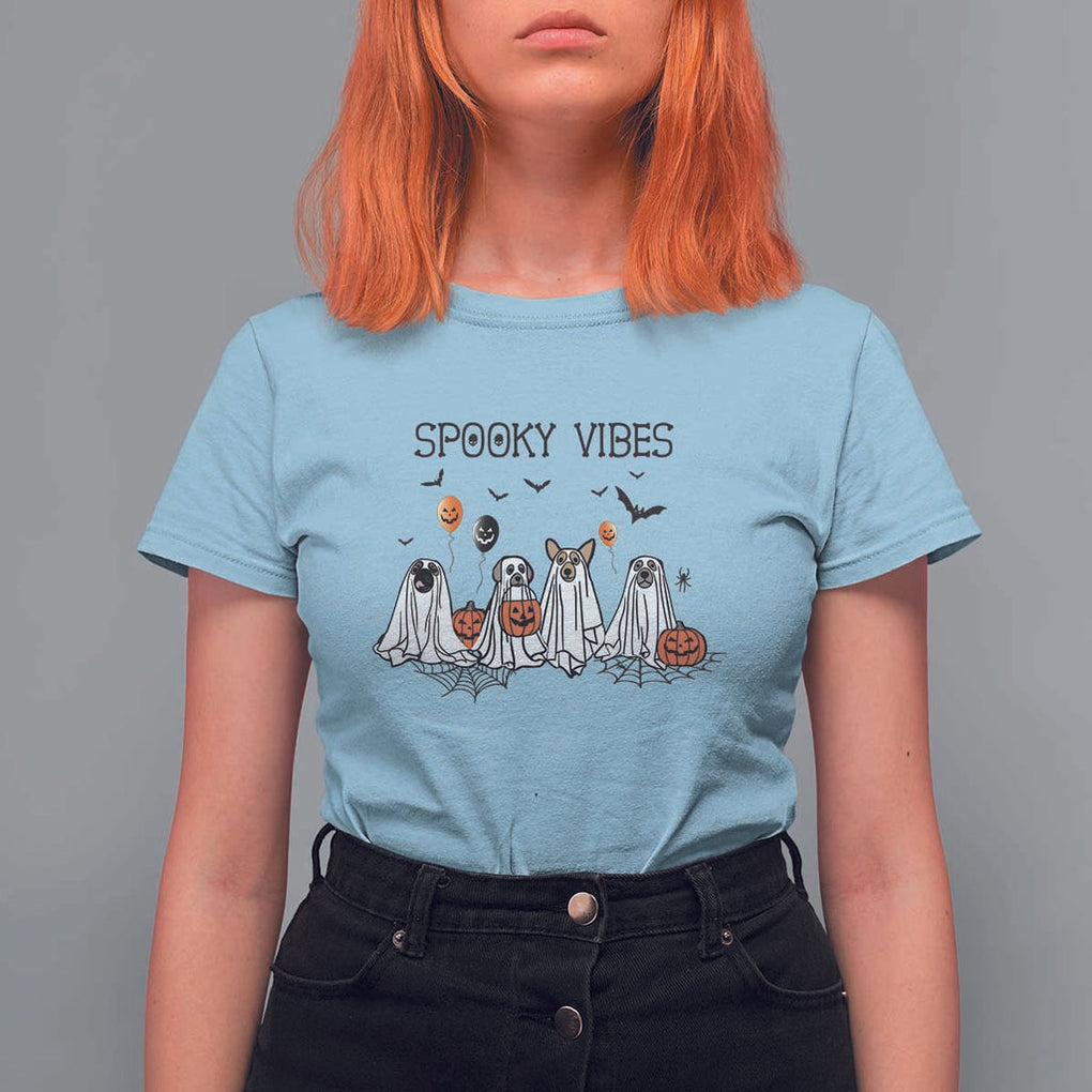 Halloween T Shirt For Women Spooky Vibes Cute Dog Ghost Pumpkin TS11 Light Blue Print Your Wear