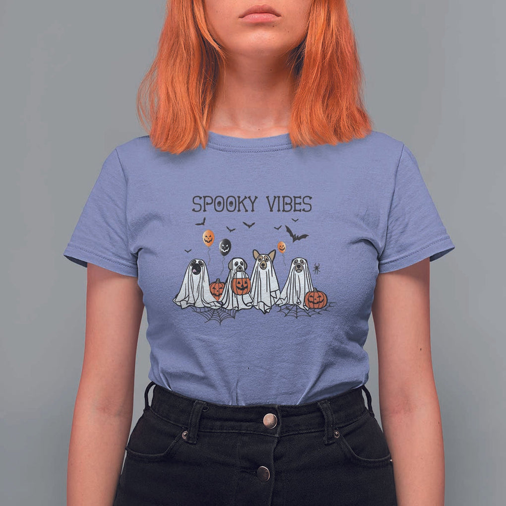 Halloween T Shirt For Women Spooky Vibes Cute Dog Ghost Pumpkin TS11 Violet Print Your Wear