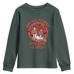 Funny Halloween Dog Youth Sweatshirt Why Yes Actually I Can Drive A Stick Witch TS11 Dark Forest Green Print Your Wear