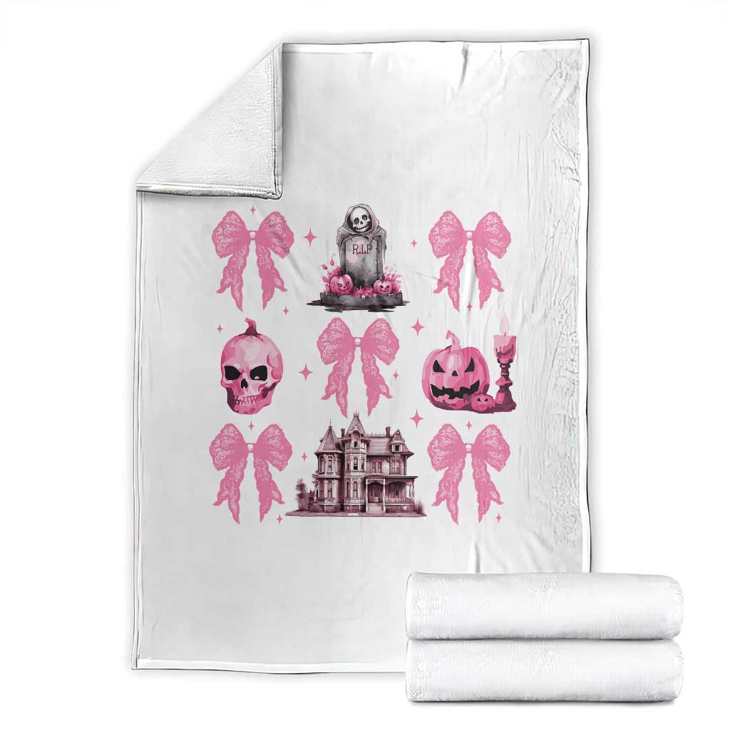 Halloween Throw Blanket Pink Bow Skull Haunted House Coquette Aesthetic TS11 White Print Your Wear