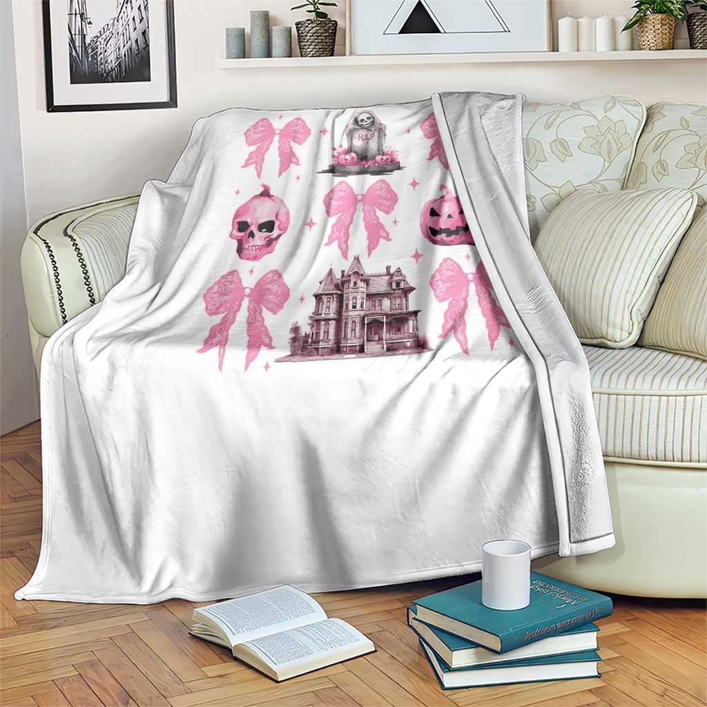 Halloween Throw Blanket Pink Bow Skull Haunted House Coquette Aesthetic TS11 Print Your Wear
