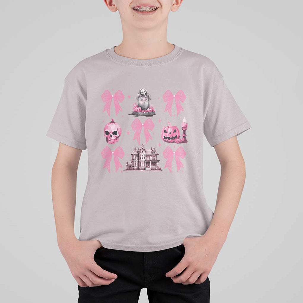 Halloween T Shirt For Kid Pink Bow Skull Haunted House Coquette Aesthetic TS11 Ice Gray Print Your Wear
