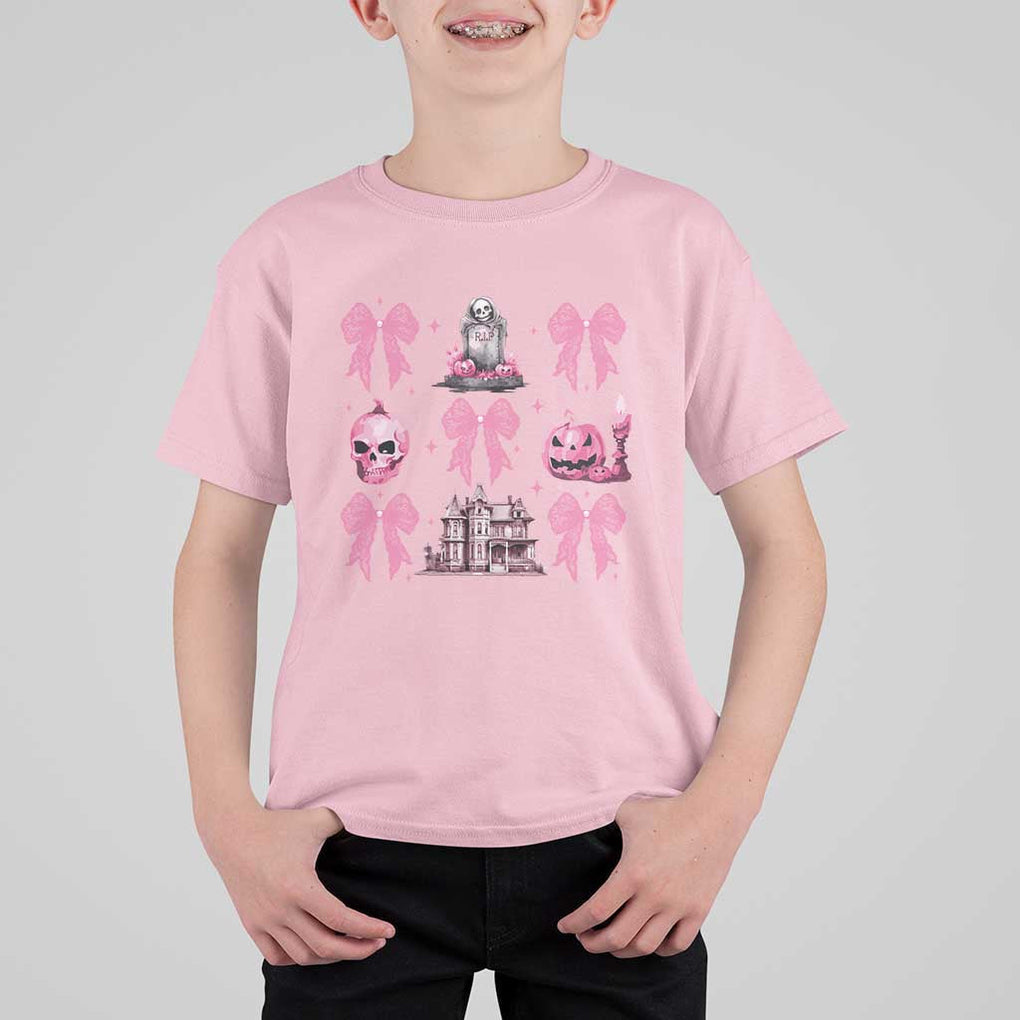 Halloween T Shirt For Kid Pink Bow Skull Haunted House Coquette Aesthetic TS11 Light Pink Print Your Wear