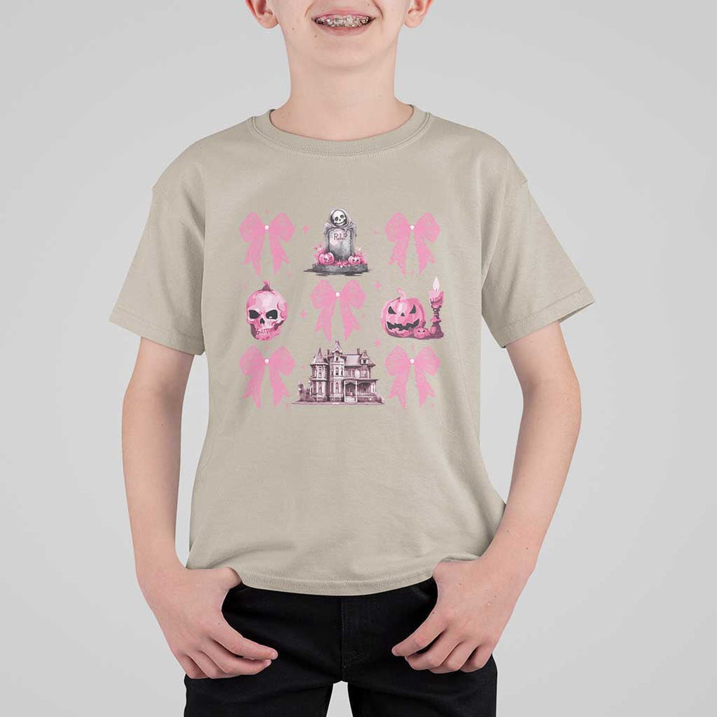 Halloween T Shirt For Kid Pink Bow Skull Haunted House Coquette Aesthetic TS11 Sand Print Your Wear