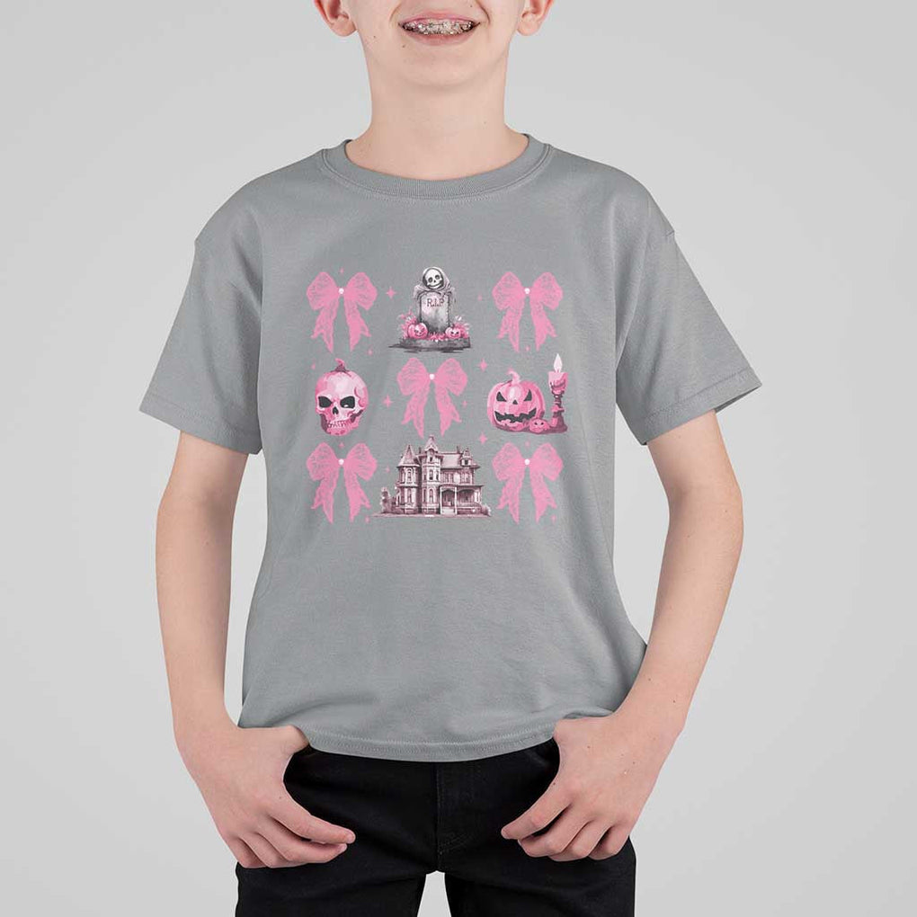Halloween T Shirt For Kid Pink Bow Skull Haunted House Coquette Aesthetic TS11 Sport Gray Print Your Wear