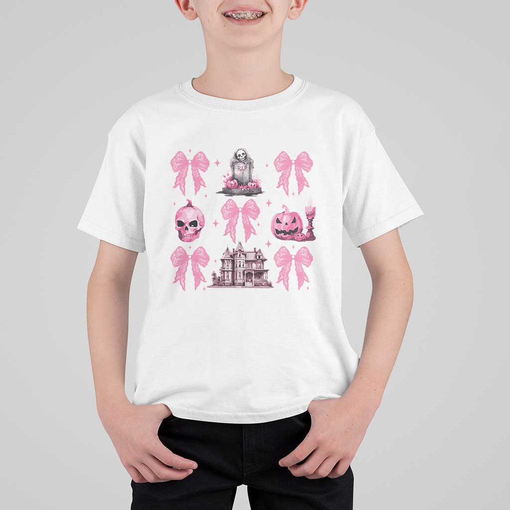 Halloween T Shirt For Kid Pink Bow Skull Haunted House Coquette Aesthetic TS11 White Print Your Wear
