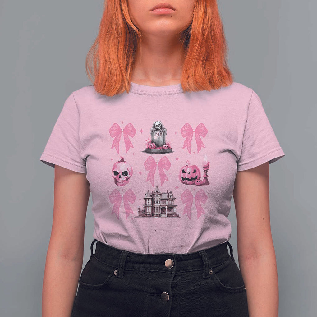 Halloween T Shirt For Women Pink Bow Skull Haunted House Coquette Aesthetic TS11 Light Pink Print Your Wear