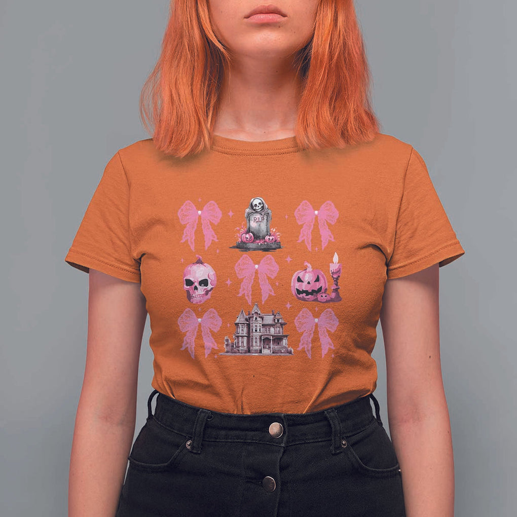 Halloween T Shirt For Women Pink Bow Skull Haunted House Coquette Aesthetic TS11 Orange Print Your Wear