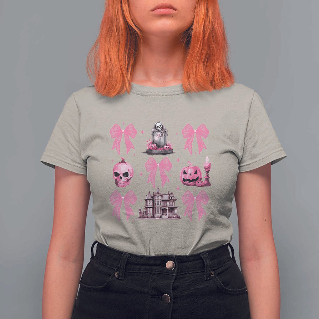 Halloween T Shirt For Women Pink Bow Skull Haunted House Coquette Aesthetic TS11 Sand Print Your Wear