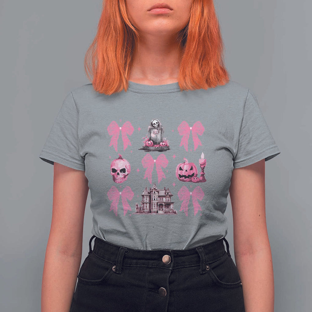 Halloween T Shirt For Women Pink Bow Skull Haunted House Coquette Aesthetic TS11 Sport Gray Print Your Wear