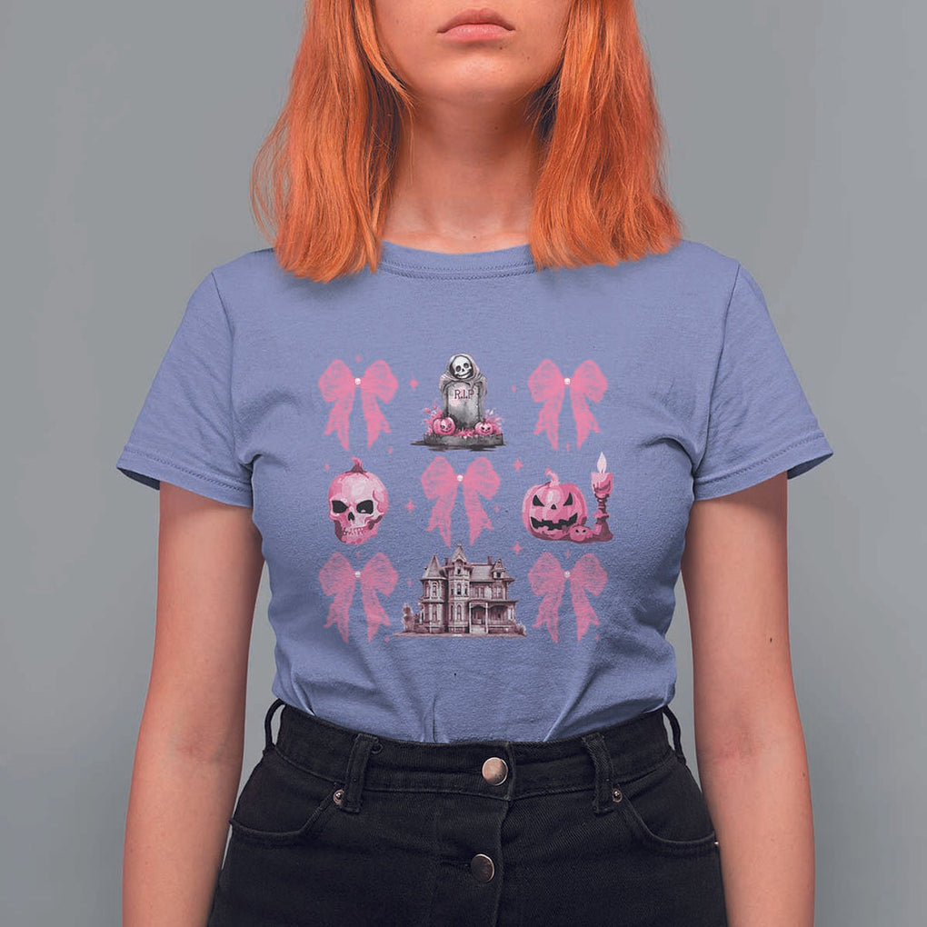 Halloween T Shirt For Women Pink Bow Skull Haunted House Coquette Aesthetic TS11 Violet Print Your Wear