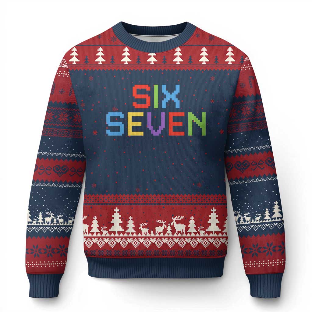 Six Seven Meme Pixel 67 Gen Alpha Meme Ugly Christmas Sweater TS11 Navy Red Print Your Wear