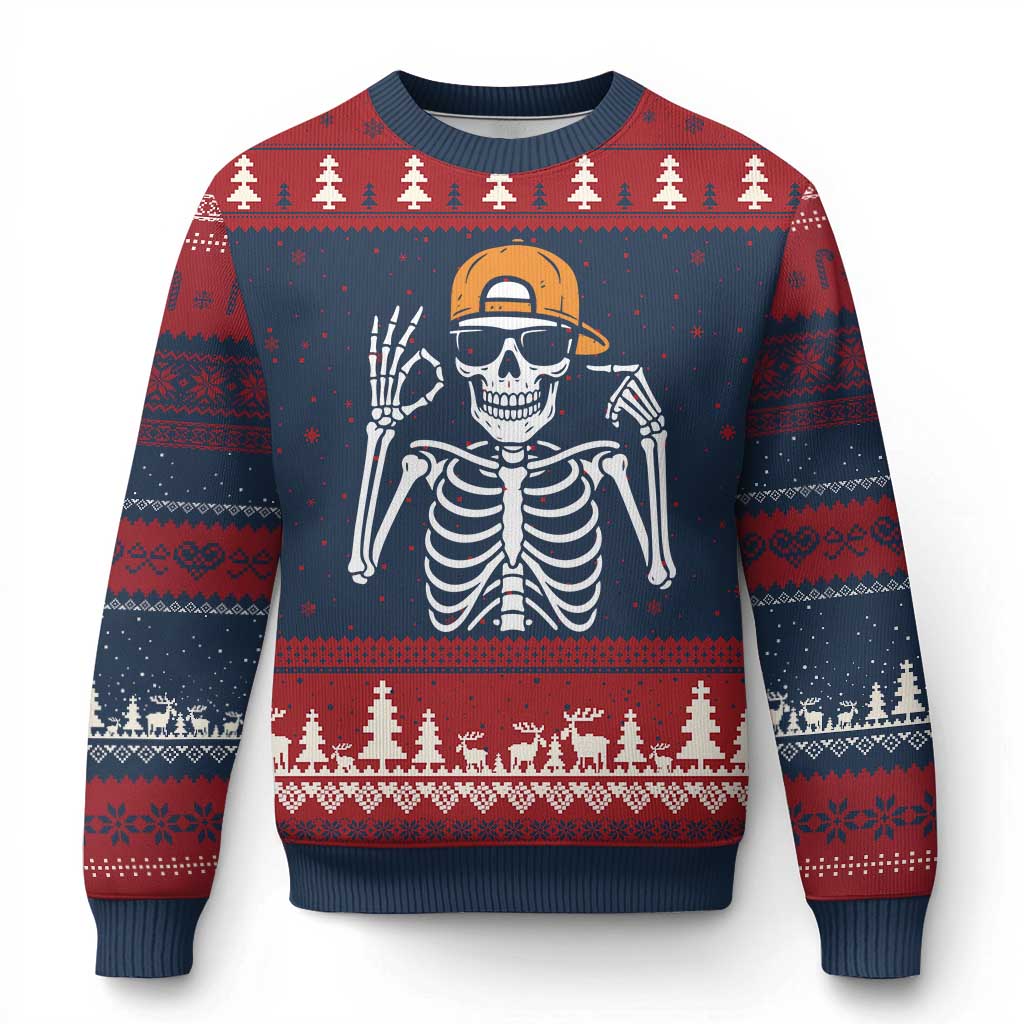 Funny Six Seven 67 Skeleton Gen Alpha Halloween Meme Ugly Christmas Sweater TS11 Navy Red Print Your Wear