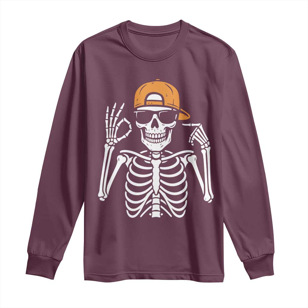 Funny Six Seven 67 Skeleton Gen Alpha Halloween Meme Long Sleeve Shirt TS11 Maroon Print Your Wear