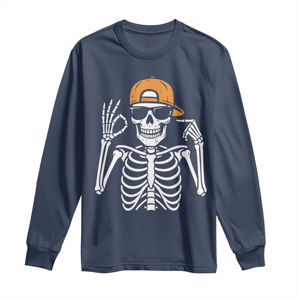Funny Six Seven 67 Skeleton Gen Alpha Halloween Meme Long Sleeve Shirt TS11 Navy Print Your Wear