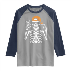 Funny Six Seven 67 Skeleton Gen Alpha Halloween Meme Raglan Shirt TS11 Sport Gray Navy Print Your Wear